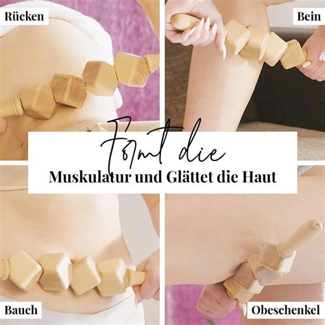 Žena masírujúca si stehno drevenou pomôckou proti celulitíde
