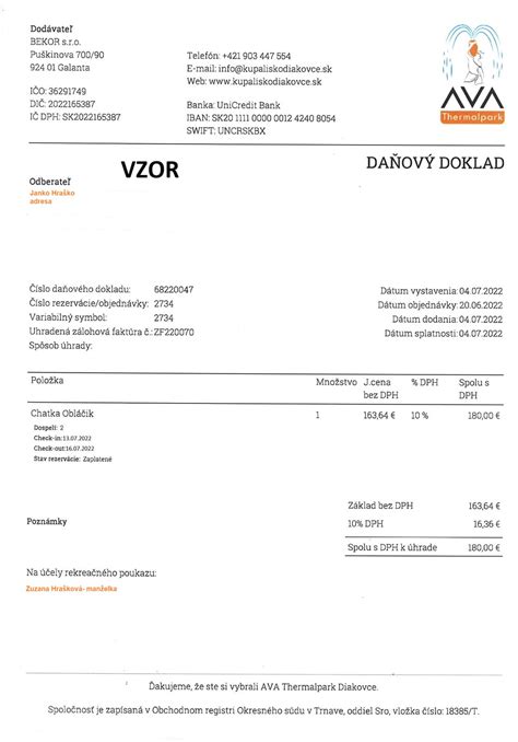 Príklad účtovného dokladu pre rekreačný príspevok