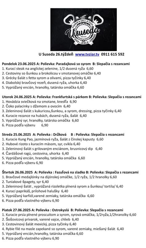 Ukážka jedálneho lístka v zariadení Céder