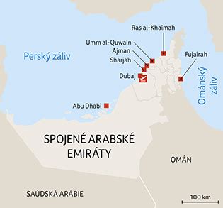 Mapa Spojených arabských emirátov s vyznačenými emirátmi