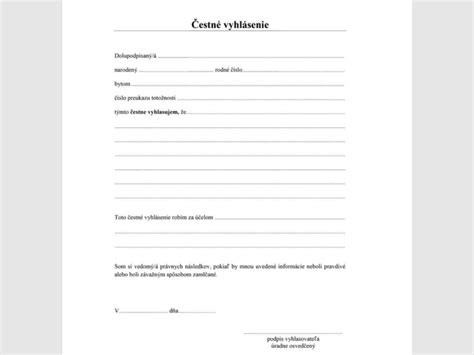 Ukážka formulára čestného vyhlásenia