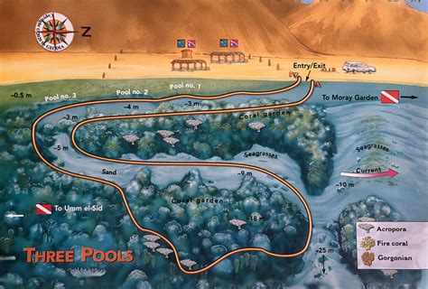 Mapa oblasti Dahab s vyznačením Three Pools a Moray Garden