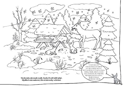 Ilustrácia zvierat pri krmelci v zasneženom lese