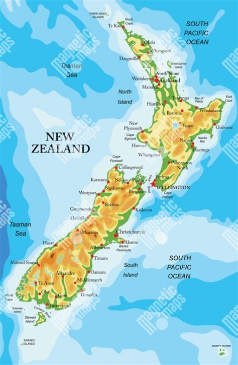 Mapa Nového Zélandu s vyznačením hlavných miest