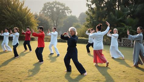 Seniori cvičiaci Tai Chi v parku