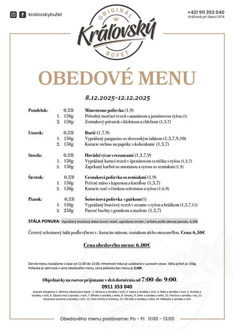 Obedové menu a výber jedál