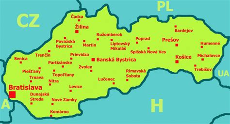 Mapa Slovenska s vyznačenými mestami Bojnice, Prievidza a Holíč