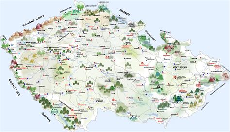 Mapa Južných Čiech s vyznačenými turistickými atrakciami